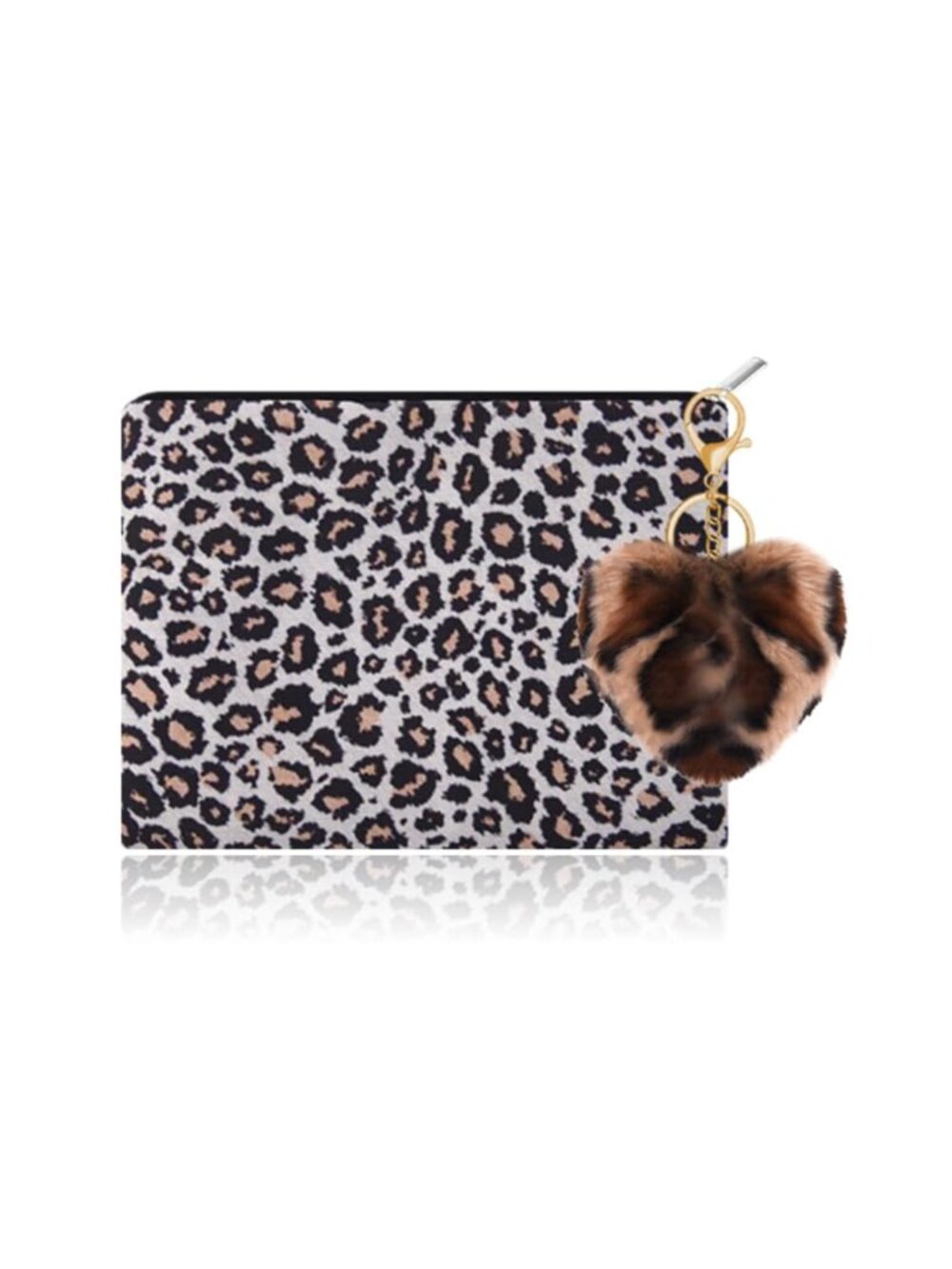 Leopard Print Cosmetic Bag Fuzzy Heart Keychain Travel Makeup Pouch